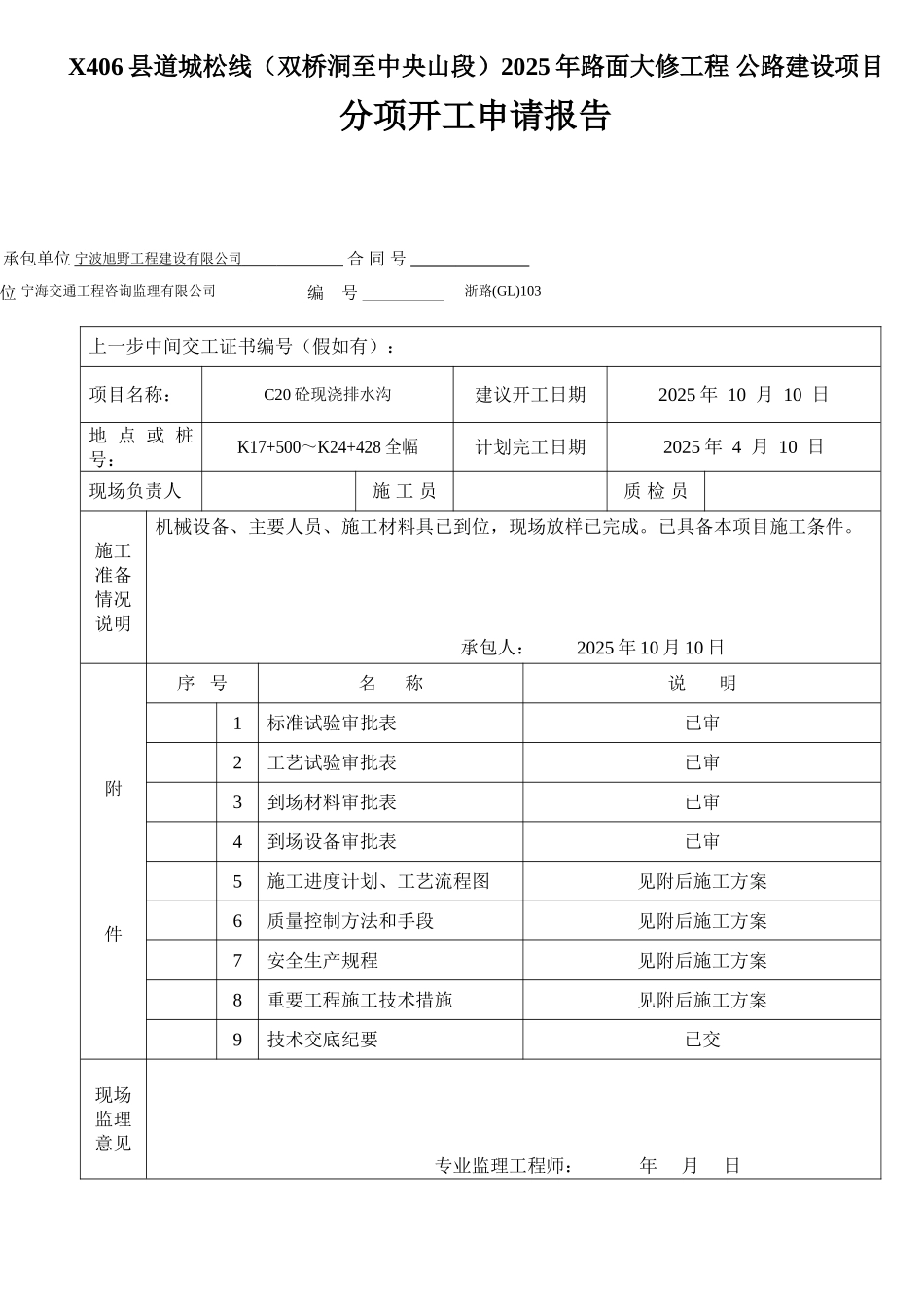 现浇排水沟分项开工报告_第1页