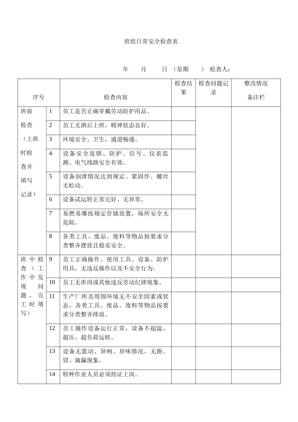 班组日常安全检查表_第1页
