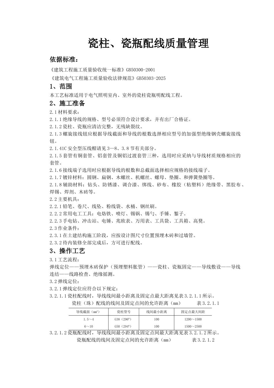 瓷柱、瓷瓶配线质量管理_第1页