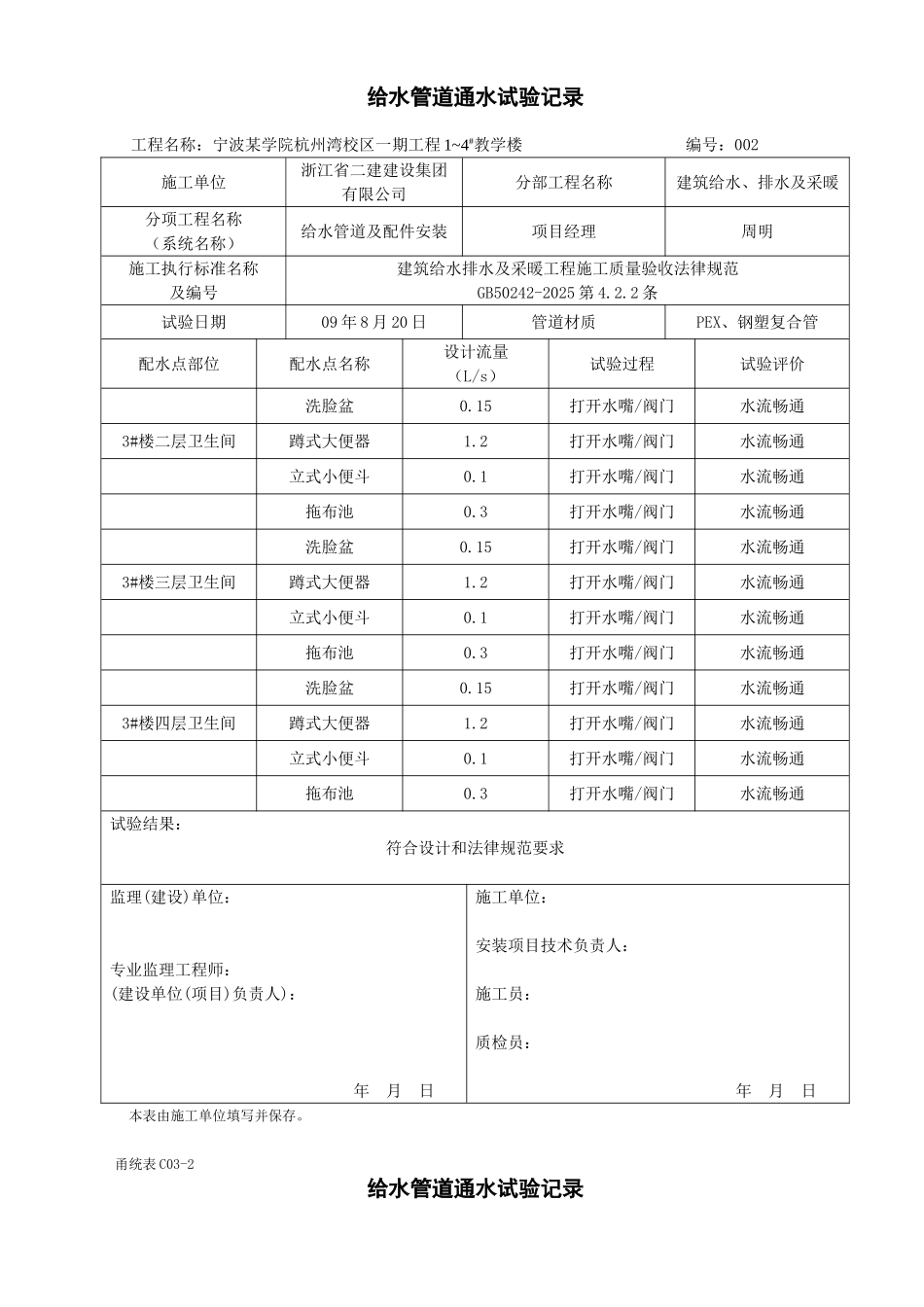 甬统表C03﹣2《给水管道通水试验记录》_第2页