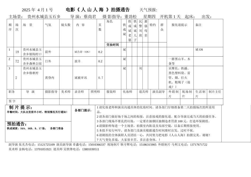 电影《-人山人海》拍摄通告单模版_第1页