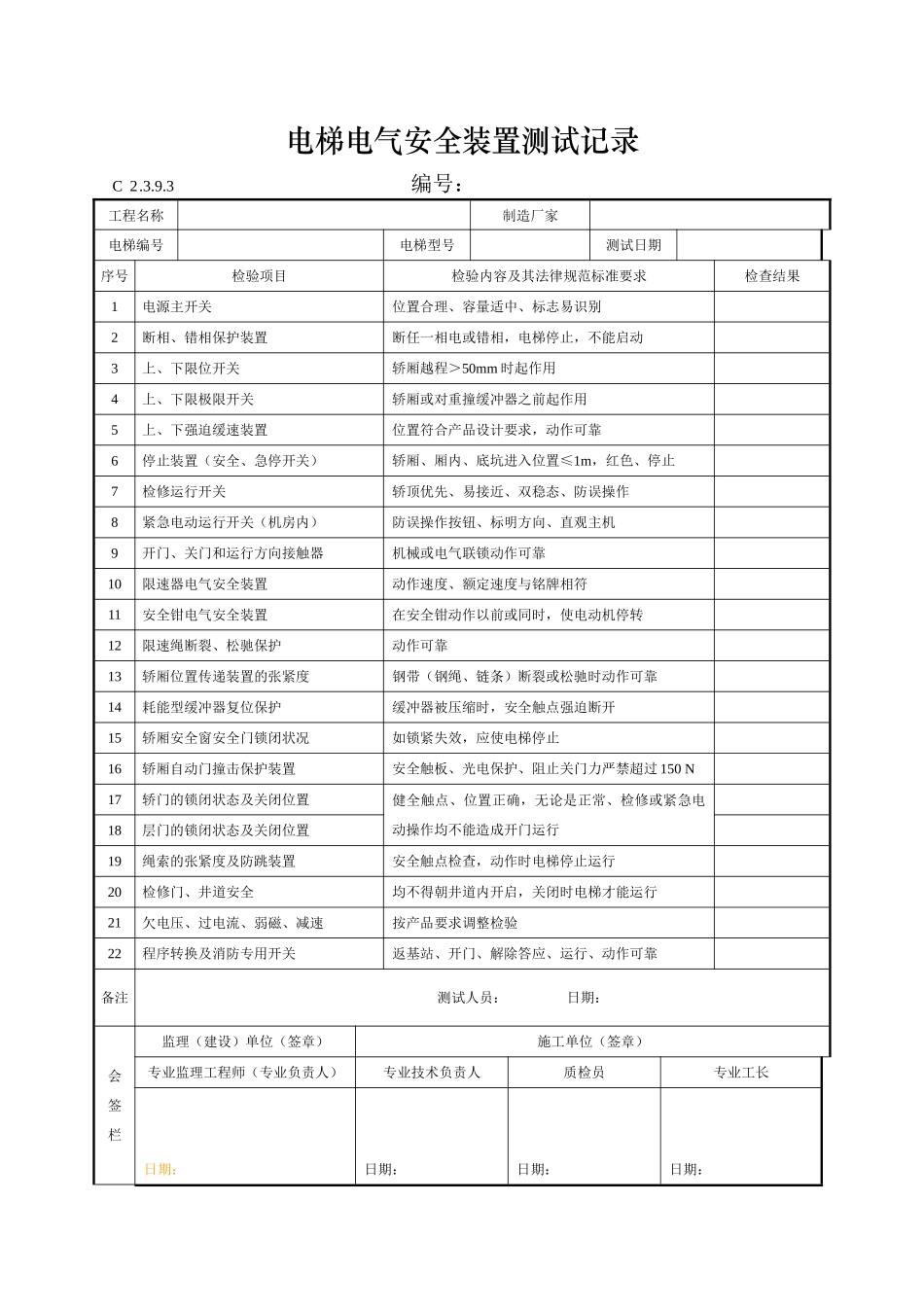 电梯电气安全装置测试记录_第1页