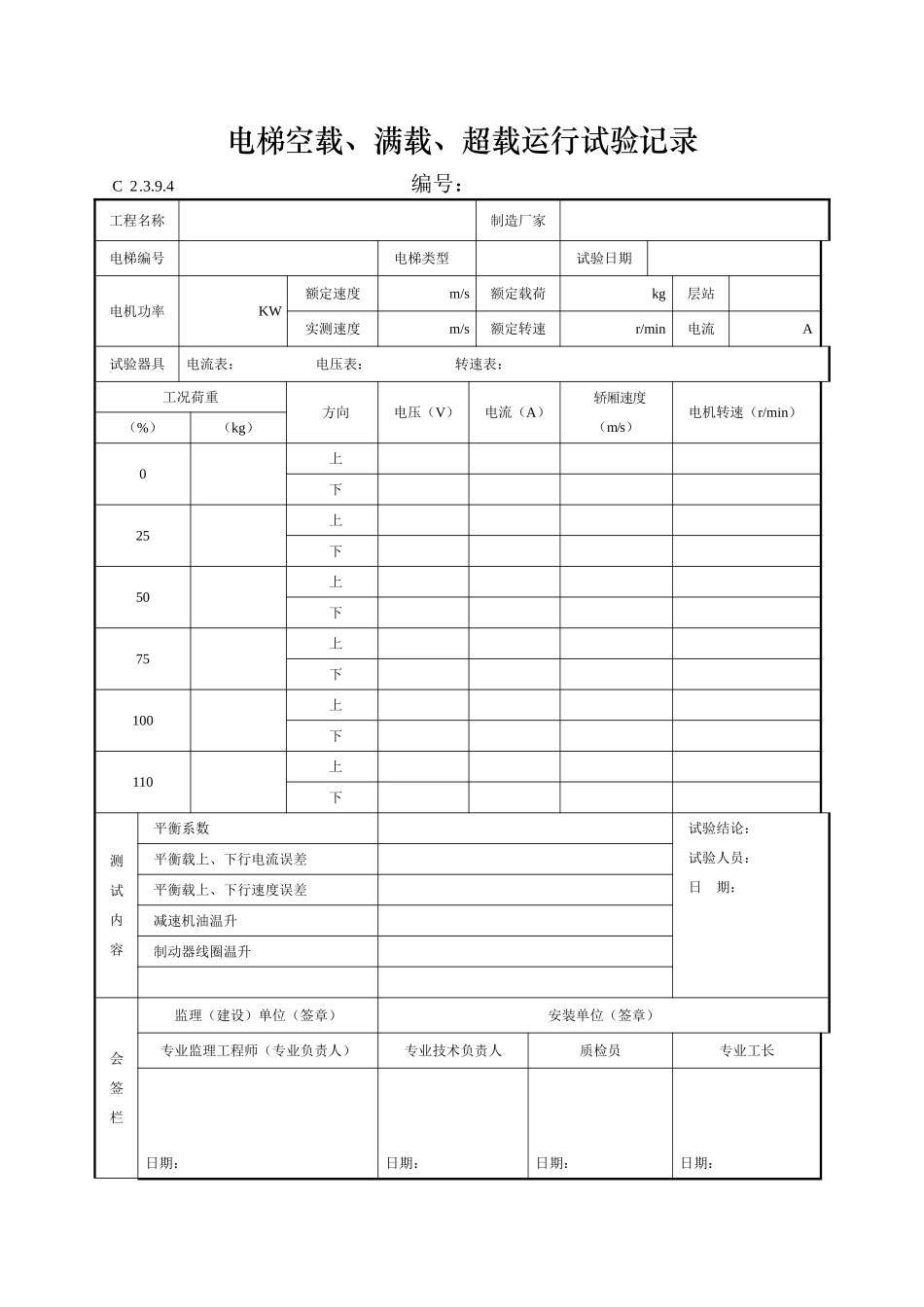 电梯空载、满载、超载运行试验记录_第1页