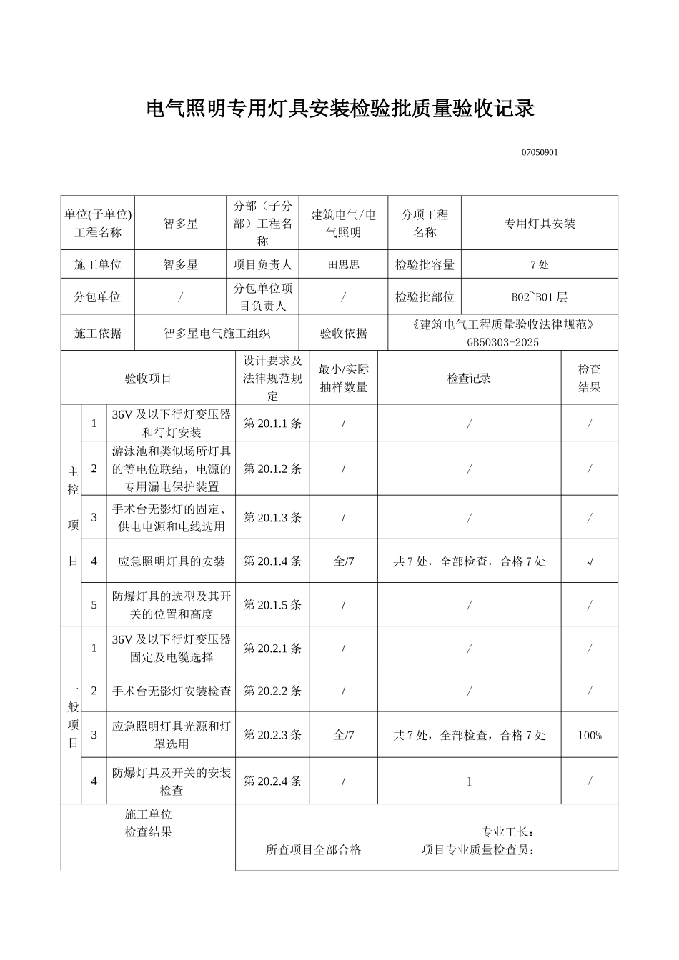 电气照明专用灯具安装检验批质量验收记录_第1页