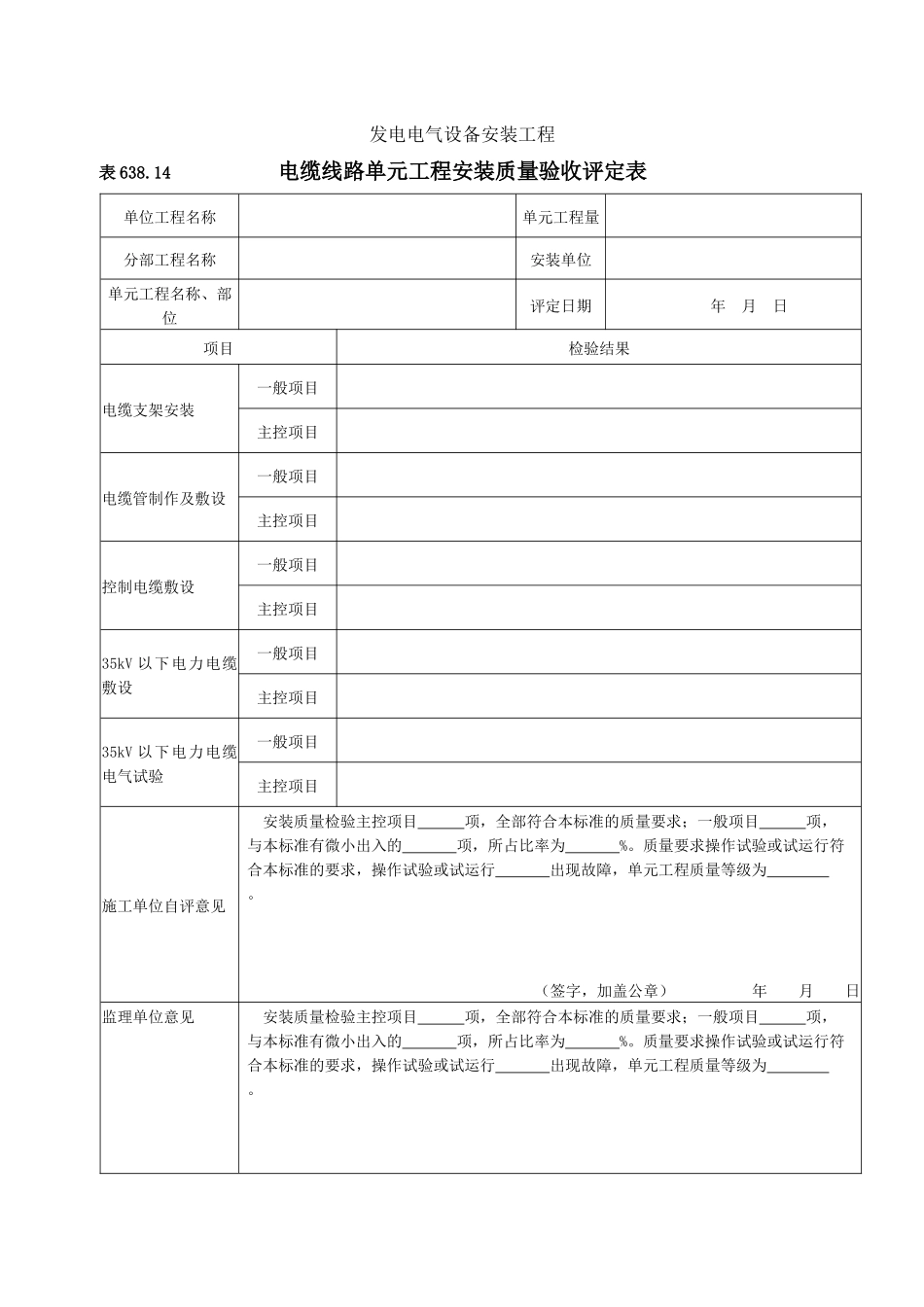 电缆线路安装单元工程安装质量验收评定表_第1页