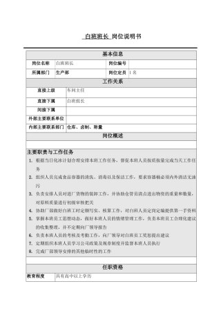 白班班长岗位说明书模板