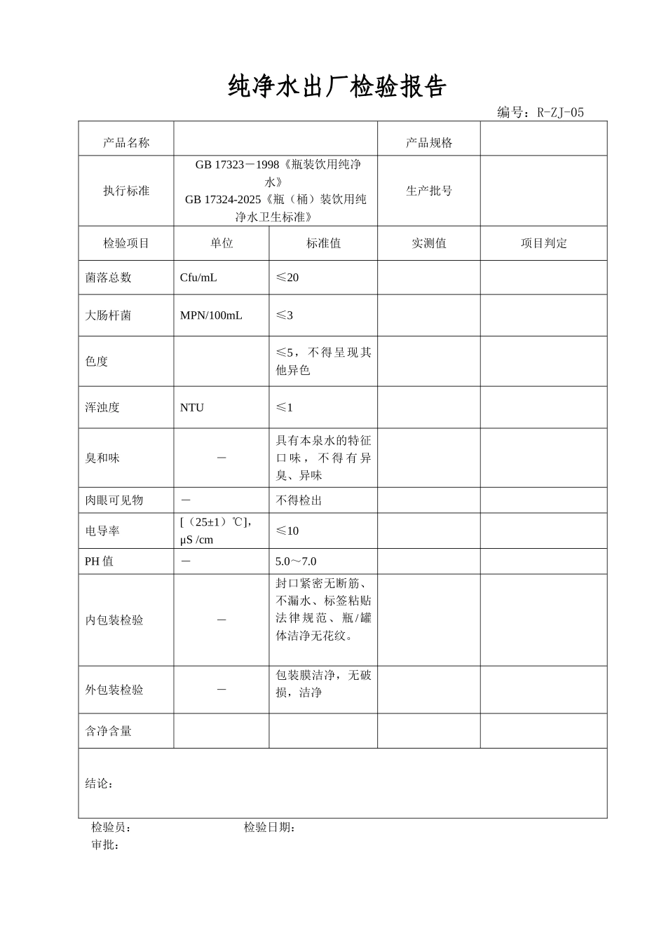 纯净水出厂检验报告书_第1页