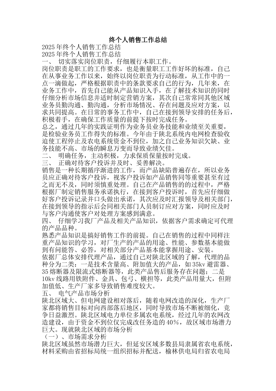 终个人销售工作总结-精品范文资料_第1页