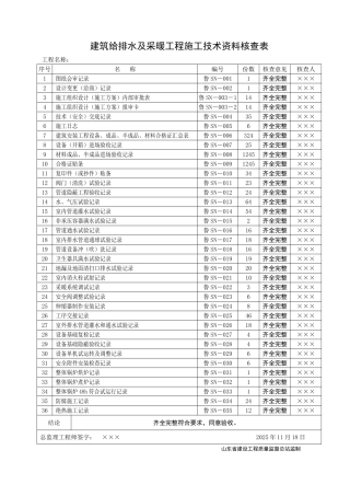 给排水技术资料核查表