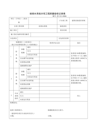 给排水系统分项工程质量验收记录表