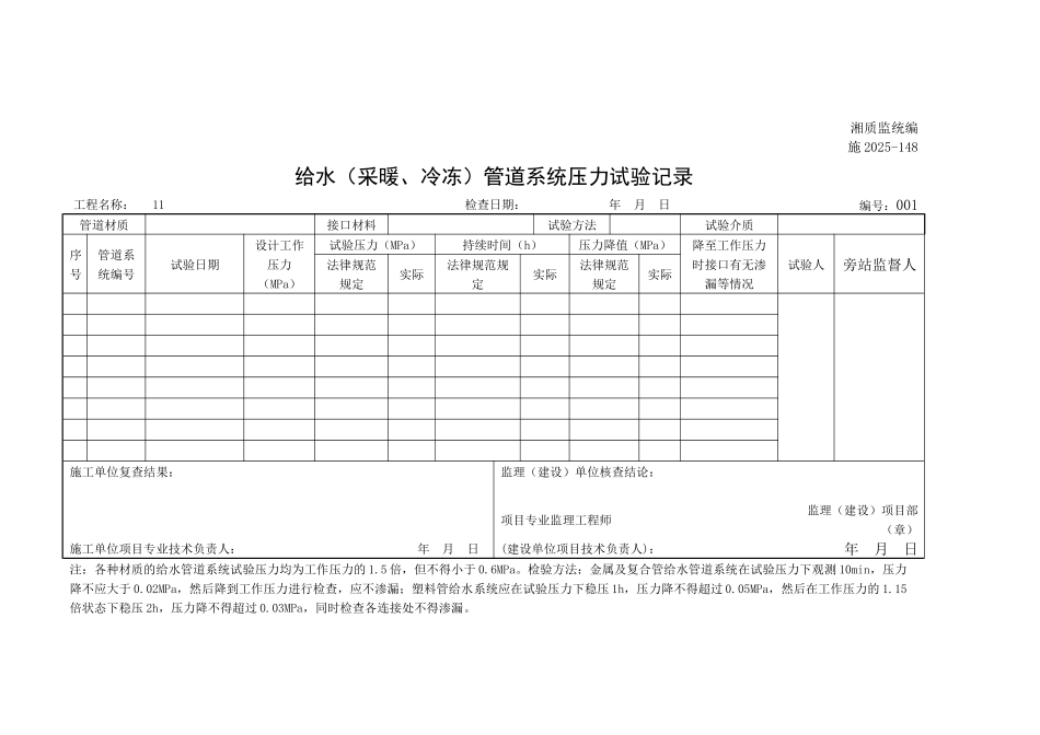 给水管道系统压力试验记录_第1页