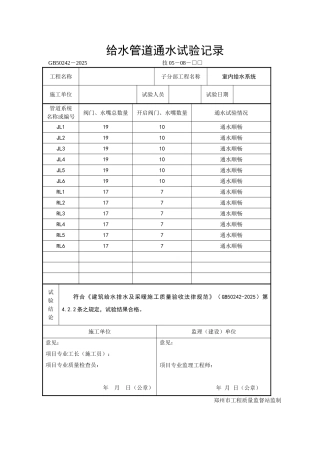 给水管道通水试验记录