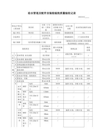 给水管道及配件安装检验批质量验收记录
