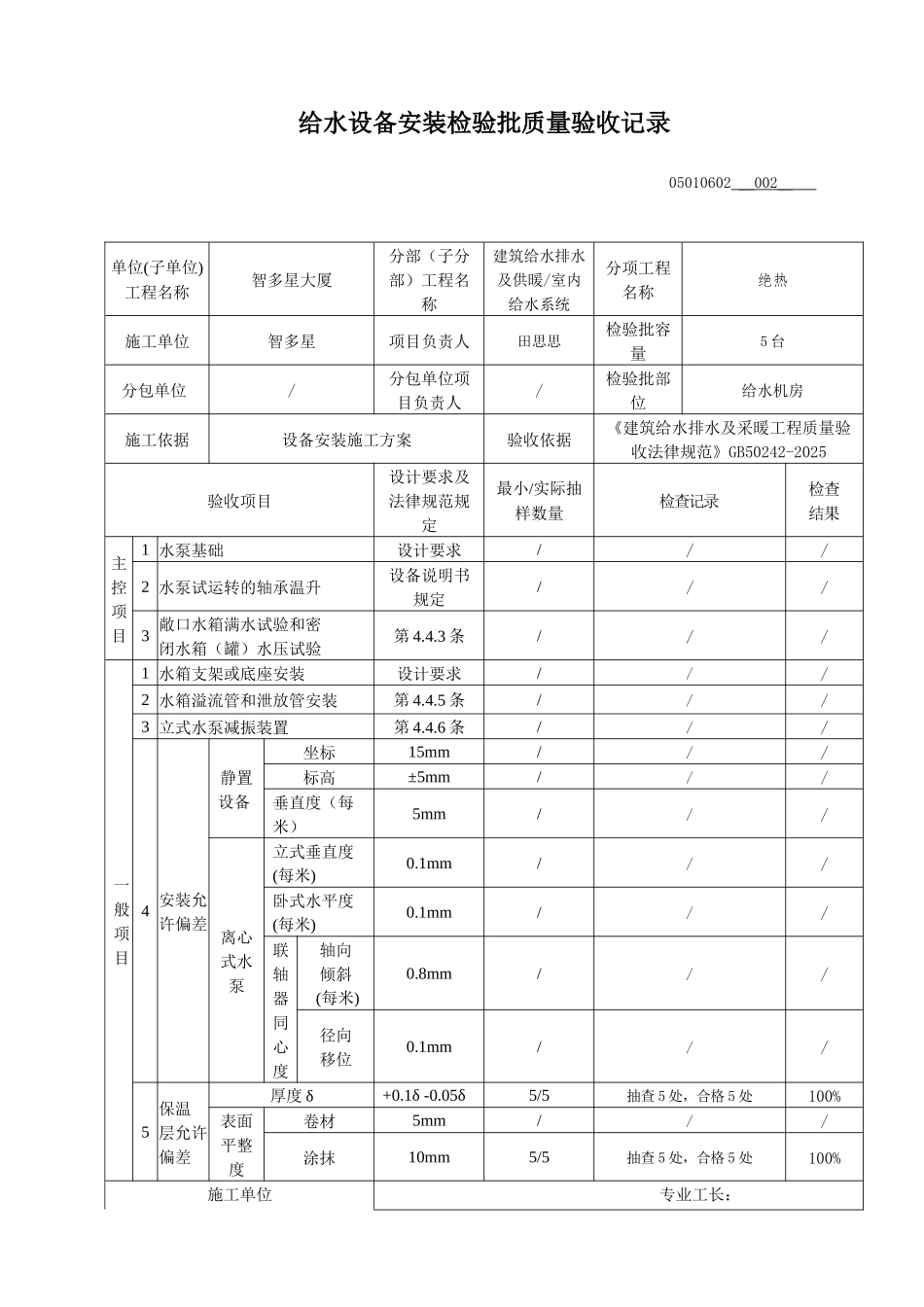 给水设备安装检验批质量验收记录_第1页