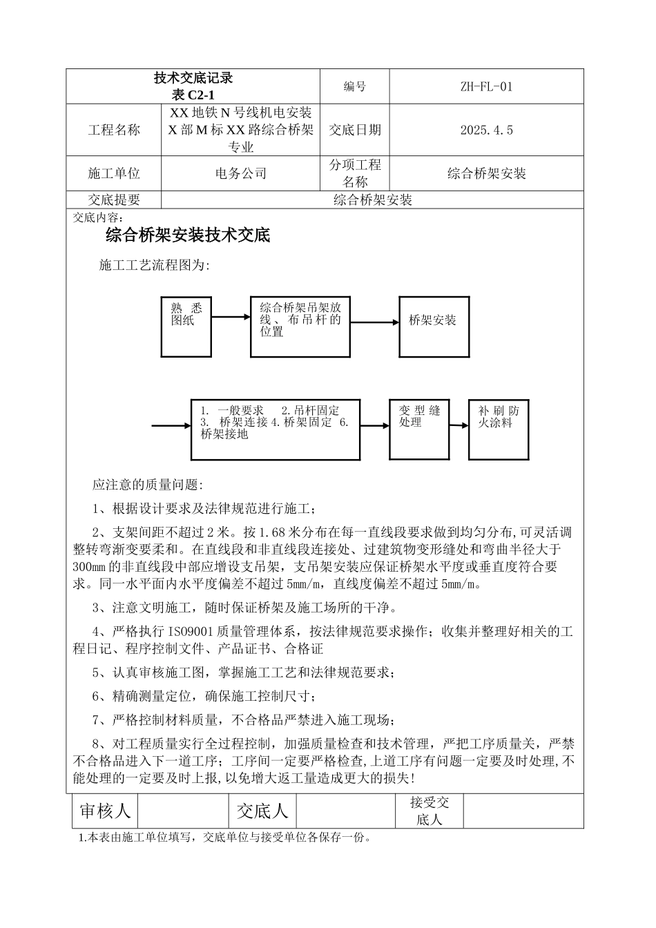 综合桥架安装技术交底记录_第1页