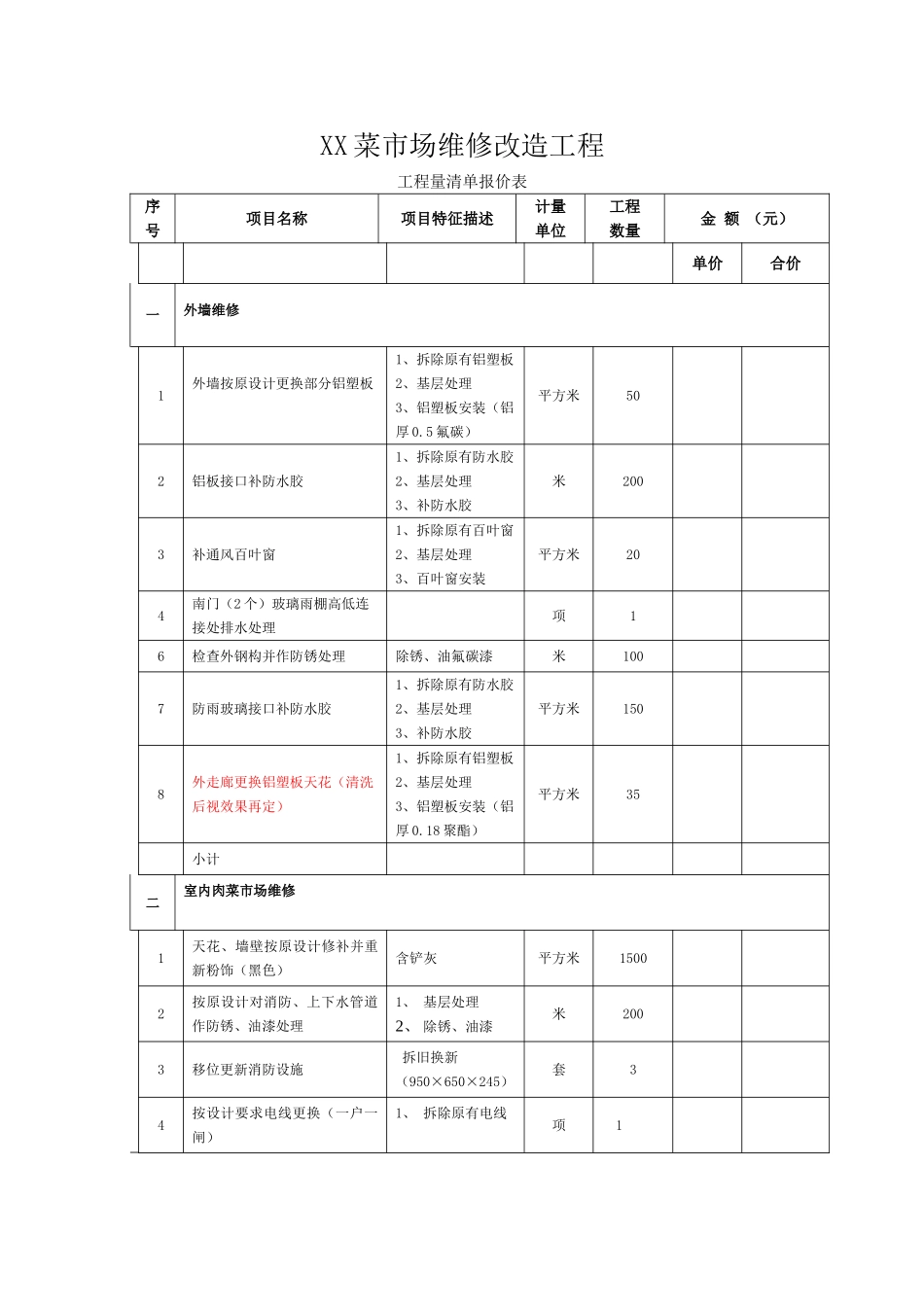 综合菜市场维修改造工程量清单报价表_第1页