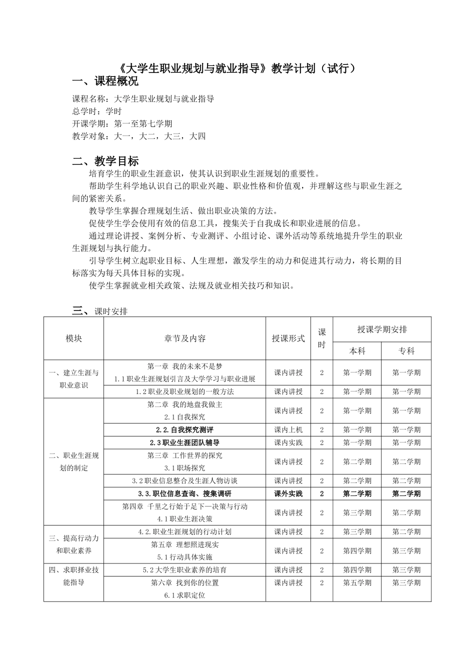 职业生涯规划读本教学计划_第1页