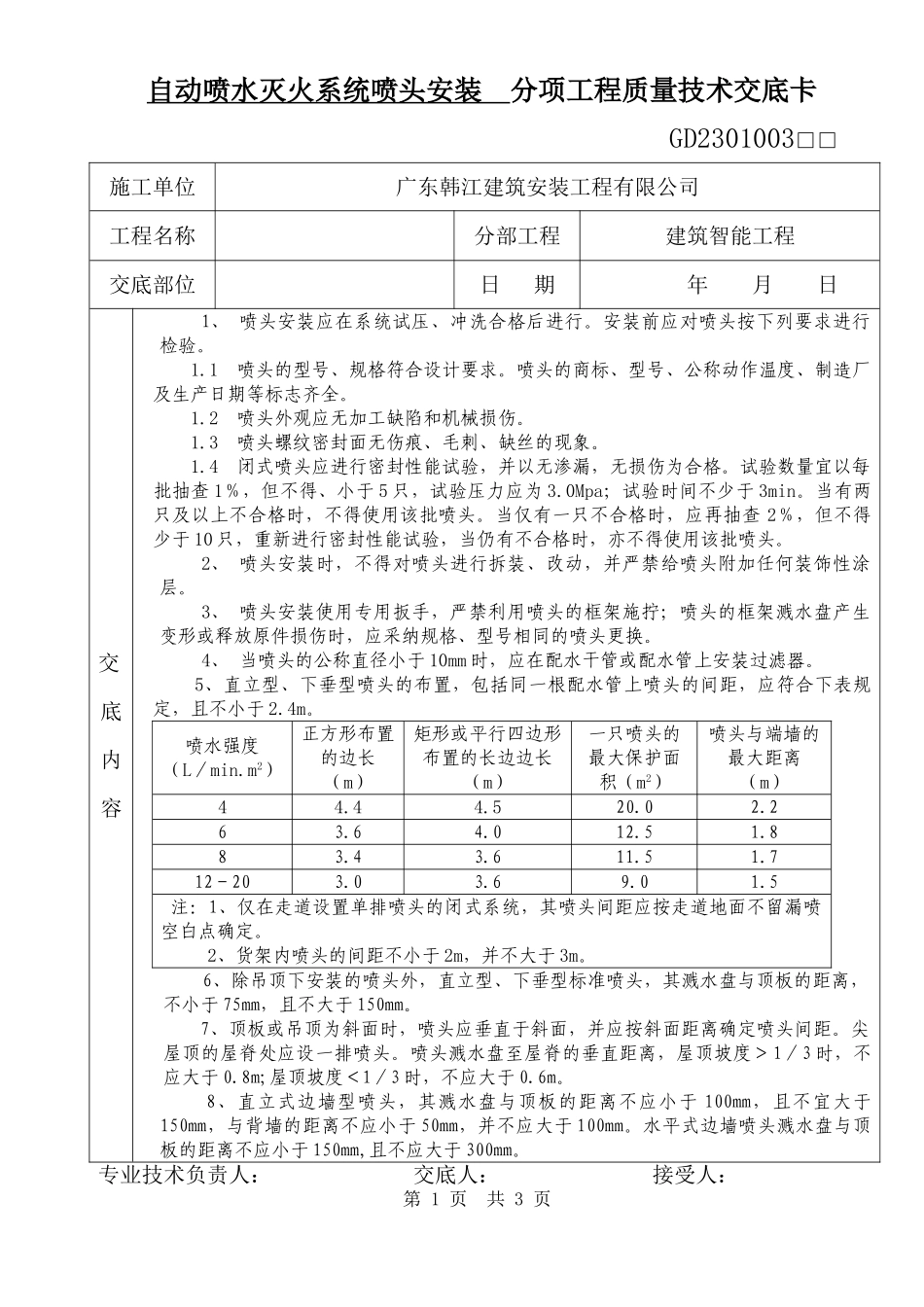 自动喷水灭火系统喷头安装分项工程质量技术交底卡_第1页