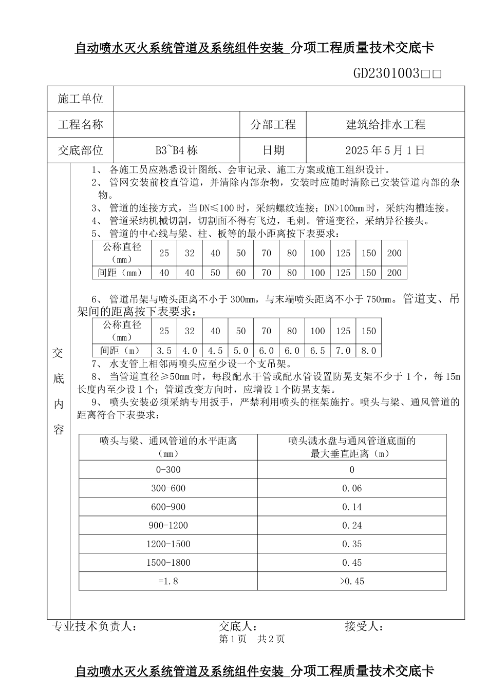 自动喷水灭火系统管道及系统组件安装分项工程质量技术交底_第1页