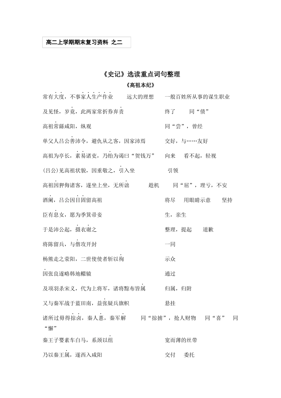 苏教版选修《史记》选读重点词句_第1页