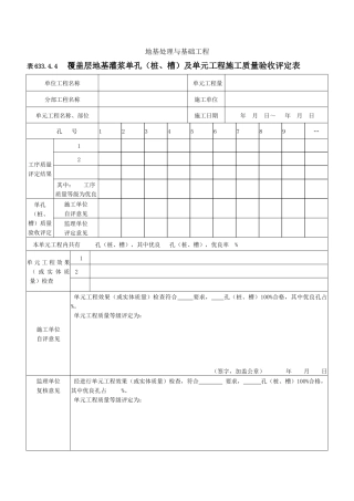 覆盖层地基灌浆单孔及单元工程施工质量验收评定表