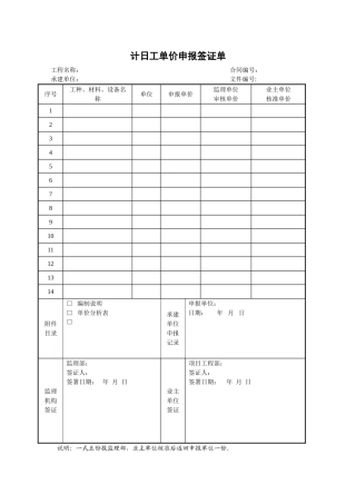 计日工单价申报签证单