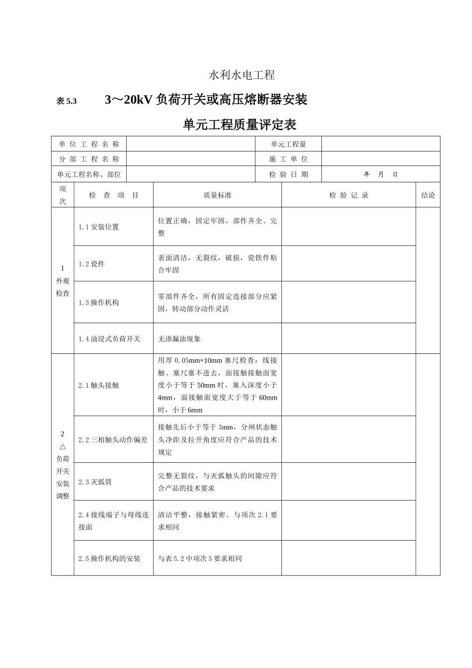 负荷开关或高压熔断器安装单元工程质量评定表_第1页