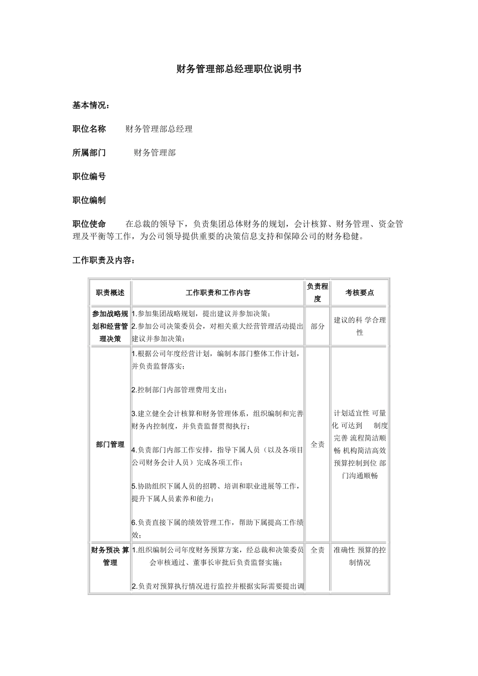 财务管理部总经理职位说明书_第1页