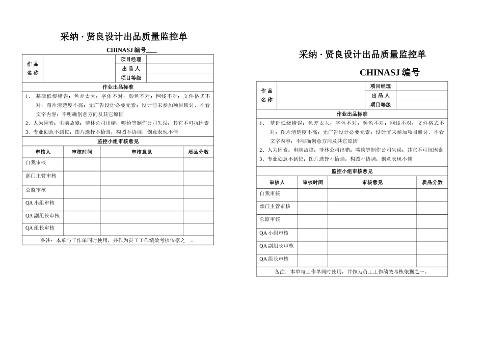 贤良出品质量监控单_第1页