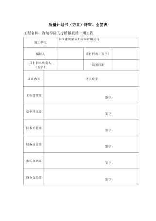 质量计划书评审、会签表
