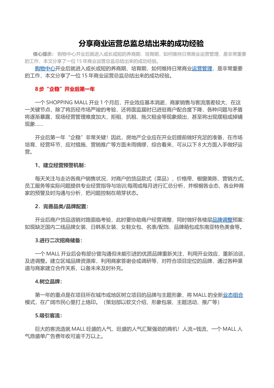 购物中心项目商业运营经验总结_第1页