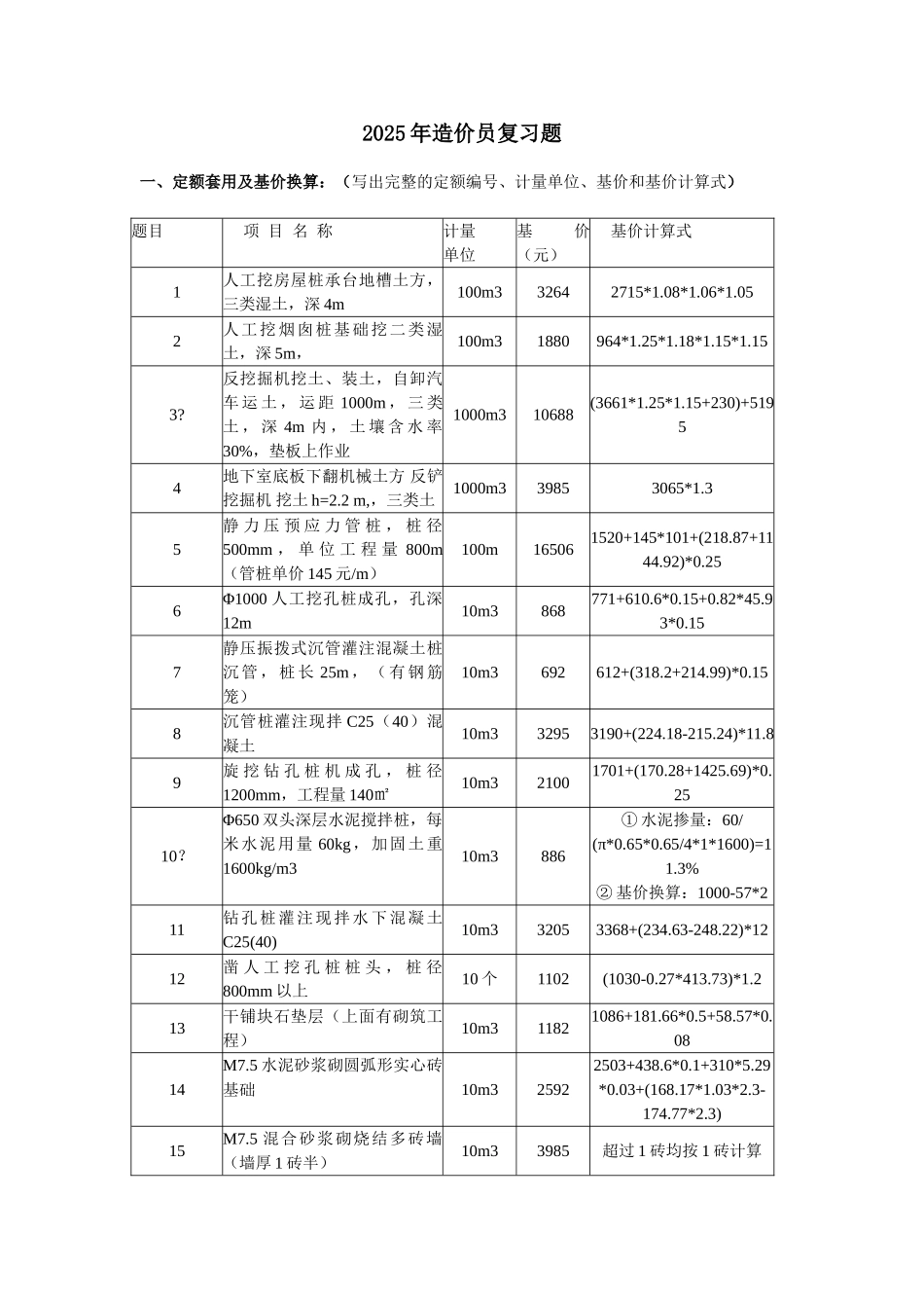 造价员考试定额套用及基价换算试题汇编_第1页