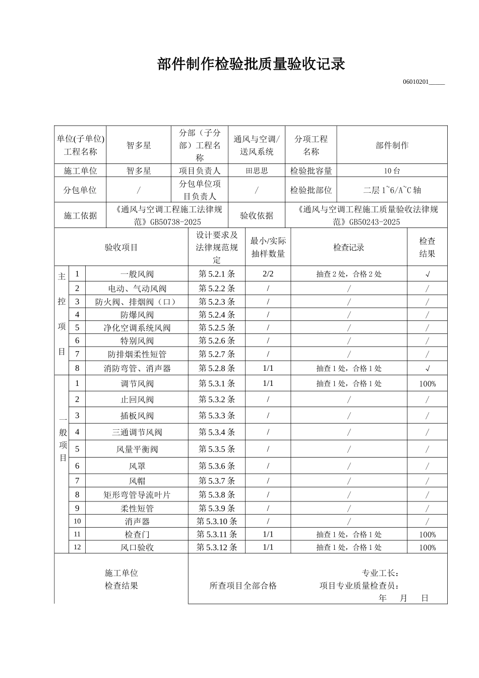 部件制作检验批质量验收记录_第1页