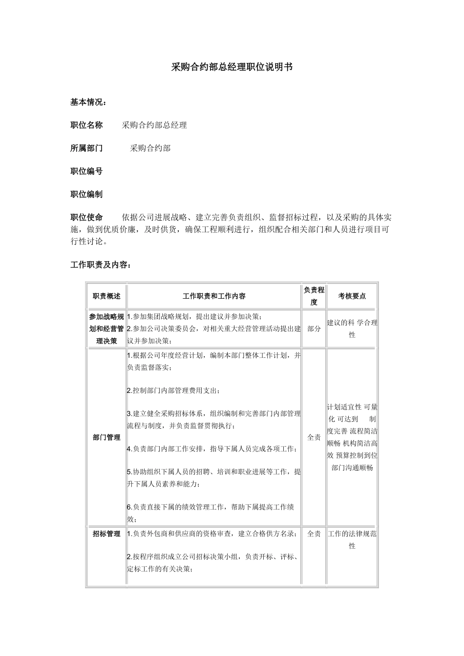 采购合约部总经理职位说明书_第1页
