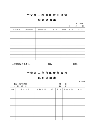 采购通知单、材料计划表