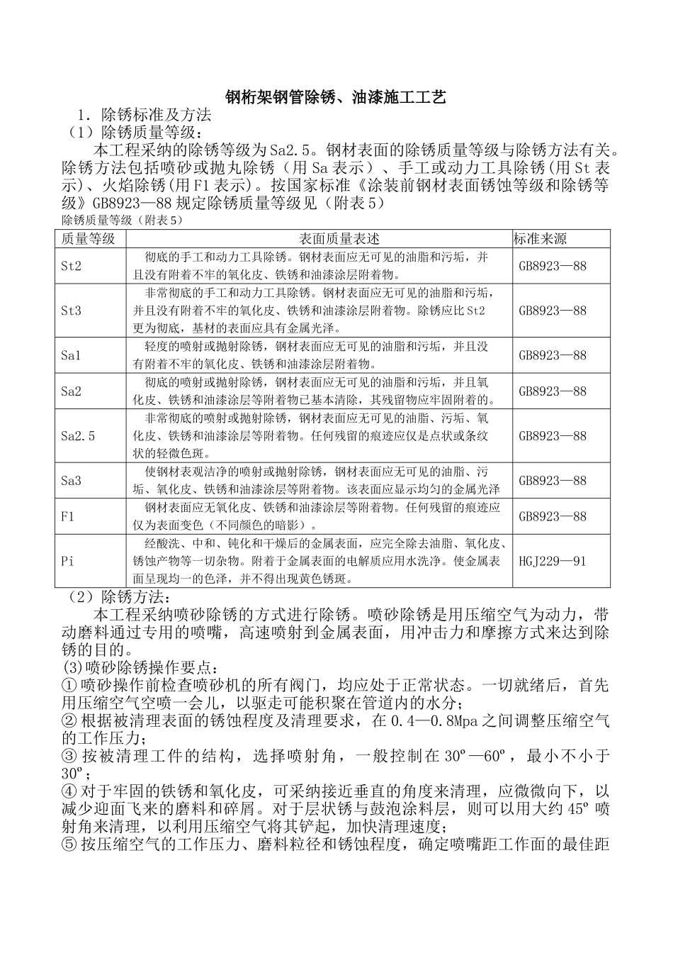 钢桁架钢管除锈、油漆施工工艺_第1页