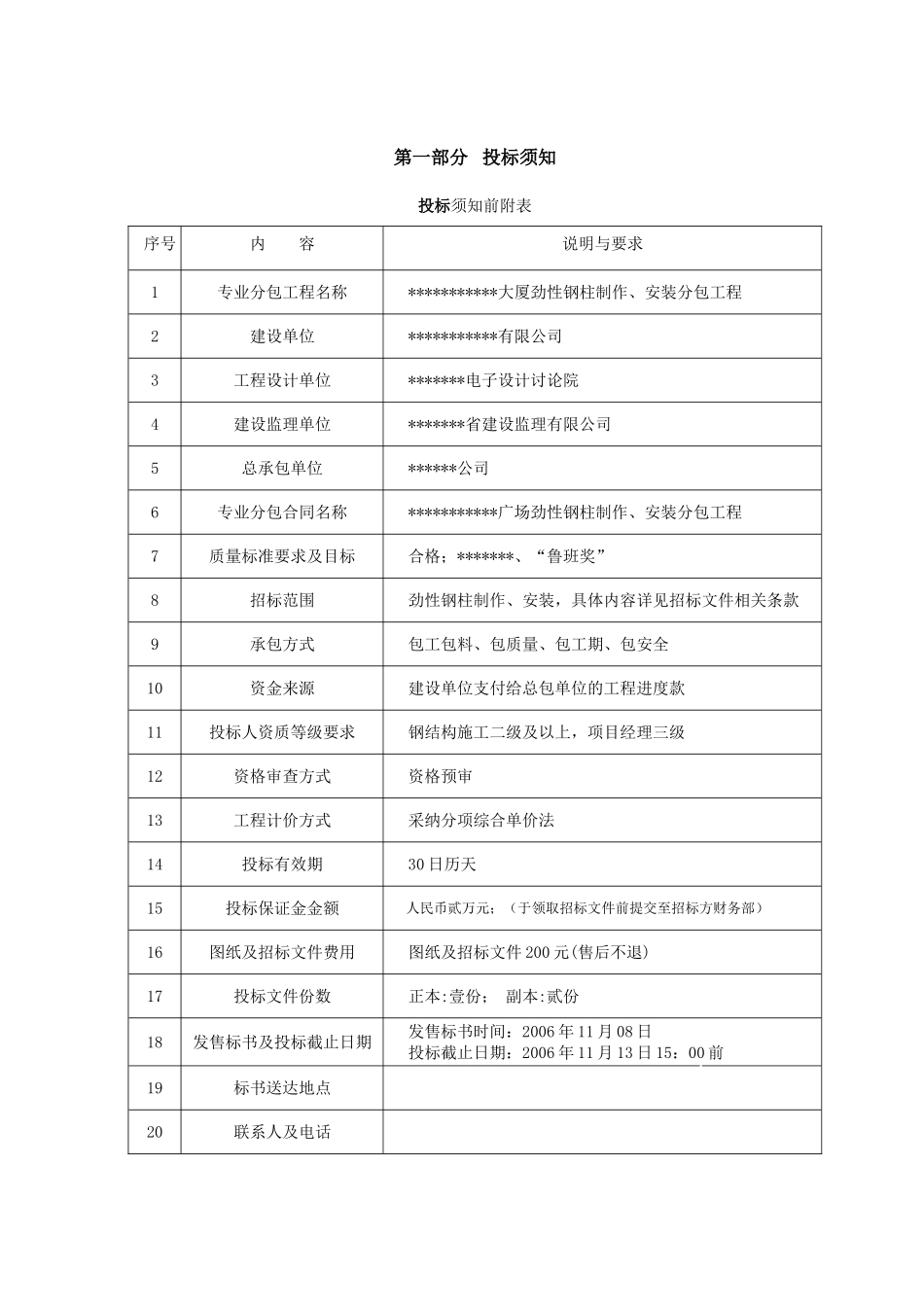 钢结构专业分包制作招标文件_第1页