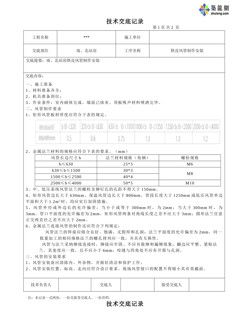 铁皮风管制作安装技术交底_第1页