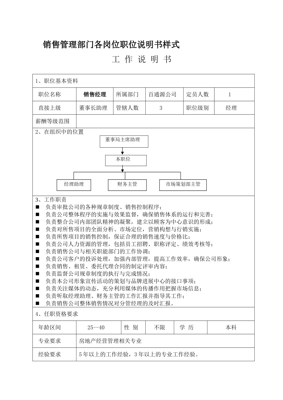 销售管理体系各岗位职位说明书_第1页
