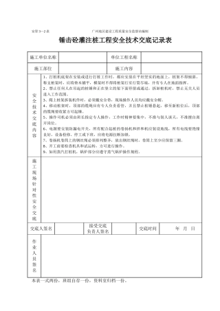 锤击砼灌注桩工程安全技术交底记录表