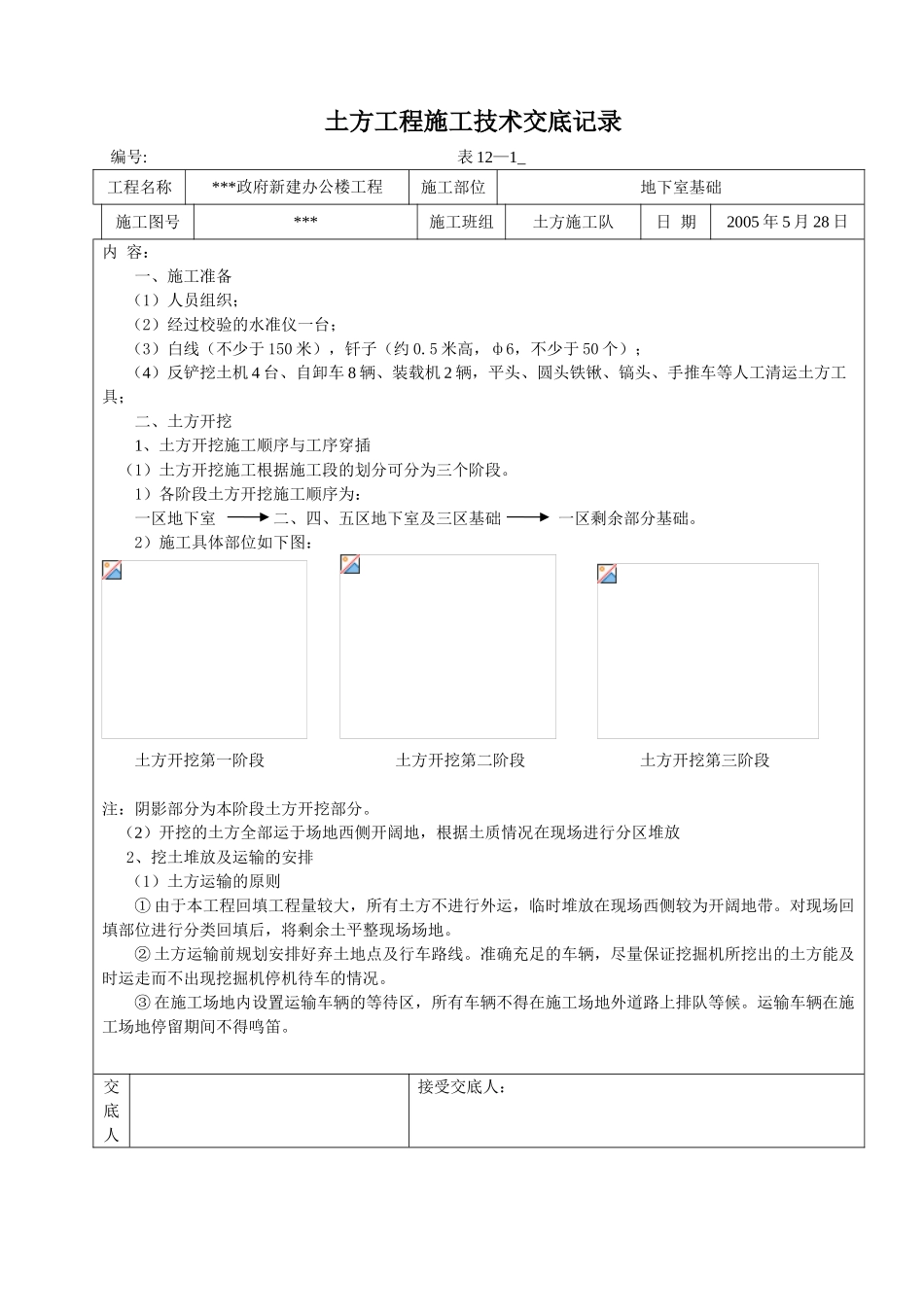 长春市某政府新建办公楼工程土方工程施工技术交底记录_第1页