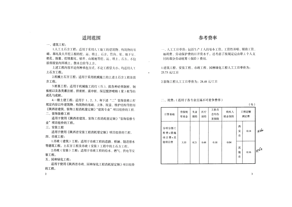 陕西省建筑工程、安装工程、装饰工程、市政工程、园林绿化工程参考费率_第3页