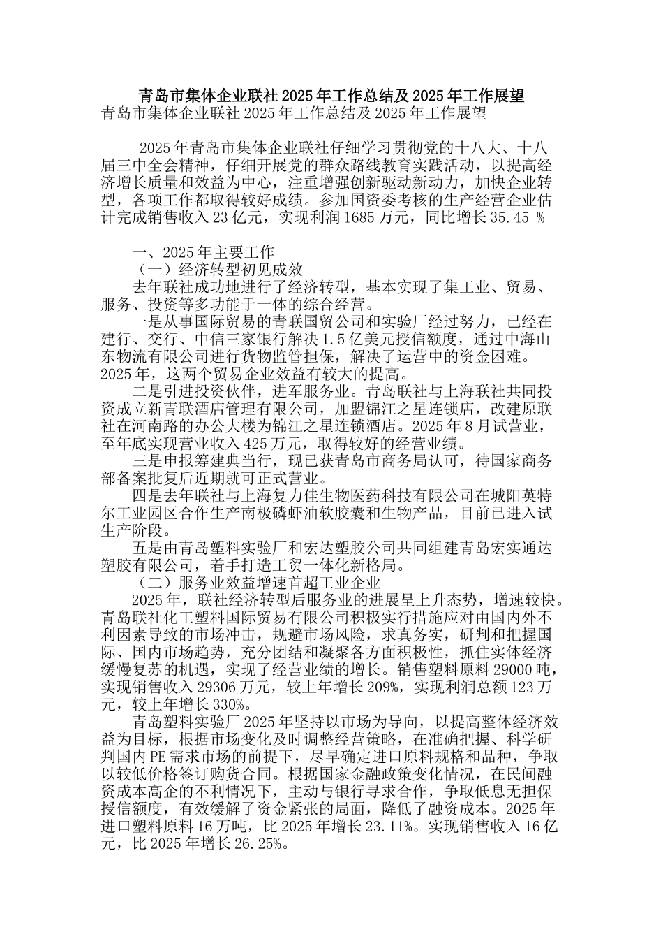青岛市集体企业联社2025年工作总结及2025年工作展望_第1页