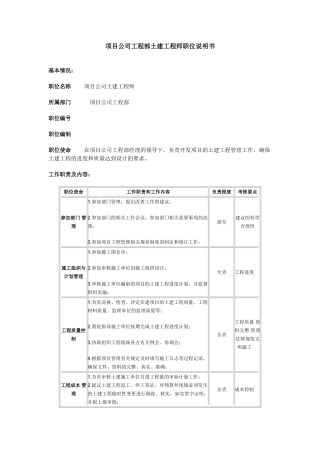 项目公司工程部土建工程师职位说明书