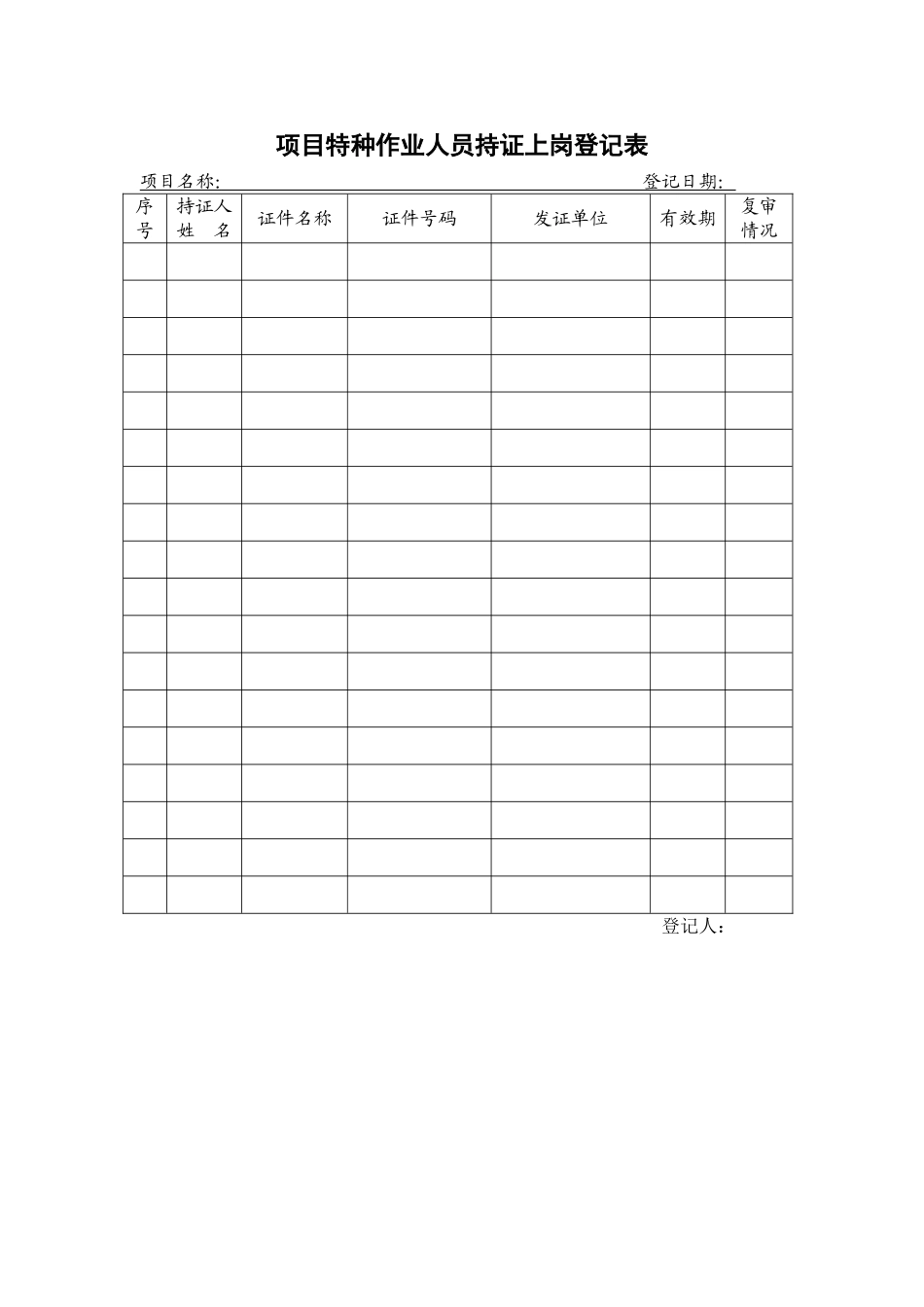 项目特种作业人员持证上岗登记表_第1页
