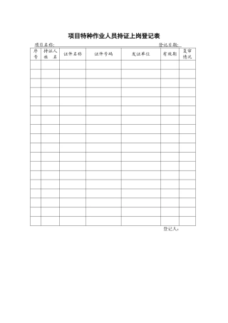项目特种作业人员持证上岗登记表