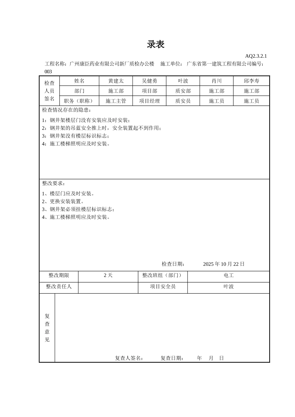 项目部安全检查隐患整改记录表_第3页
