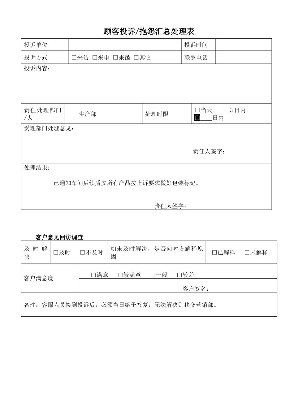 顾客投诉抱怨汇总处理表_第1页
