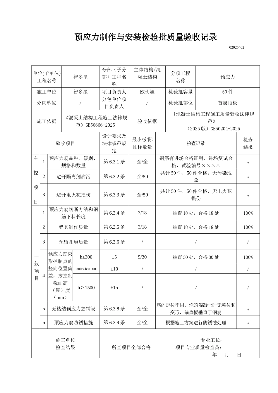 预应力制作与安装检验批质量验收记录_第1页