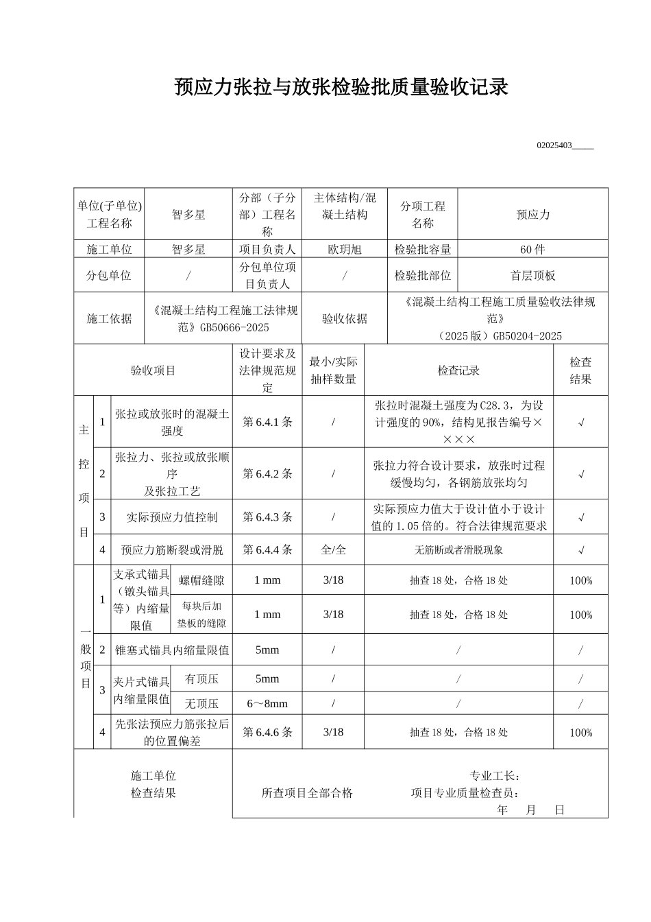 预应力张拉与放张检验批质量验收记录_第1页